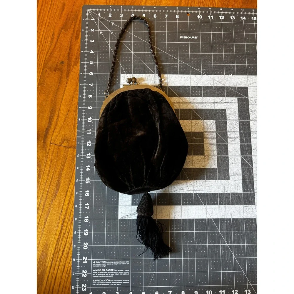 Antique Brownish Black Velvet Tassel Evening Bag Art Deco Kiss Lock Silk Lining